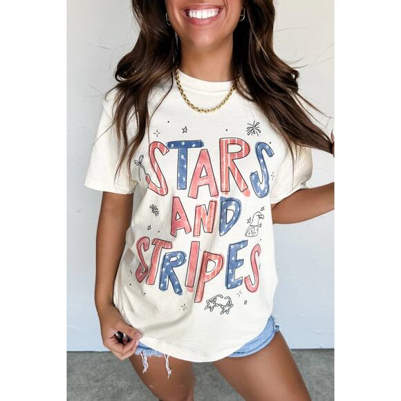 None and/or Unknown Tops - White STARS AND STRIPES Crew Neck Patriotic Tee